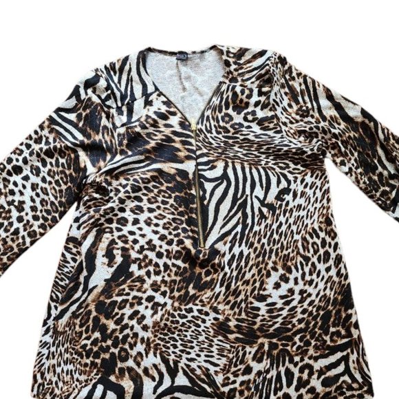 Clientele Blouse Women's Size OS Animal Print Tiger 3/4 Sleeve Zip - Picture 6 of 16